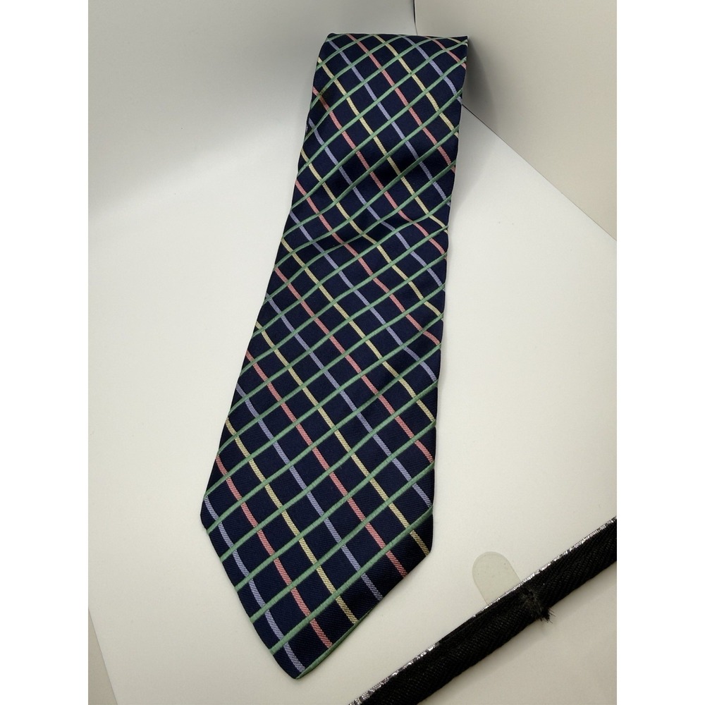 Vintage Lands End‎ Silk Tie USA Navy Plaid Windowpane Extra Long 65 x 3.75